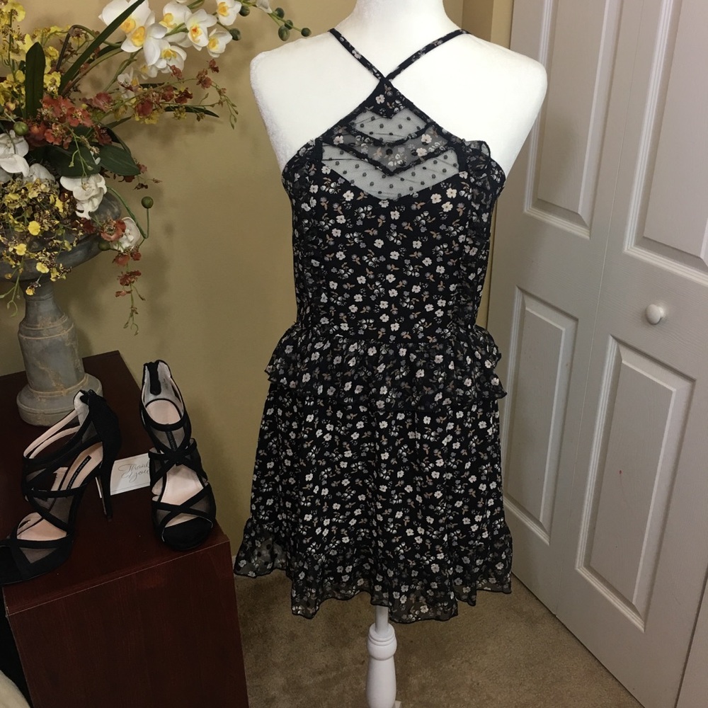 GB by GIANNA BINI SLEEVELESS LACE FRONT FLORAL RUFFLE DRESS BLACK (NWT)